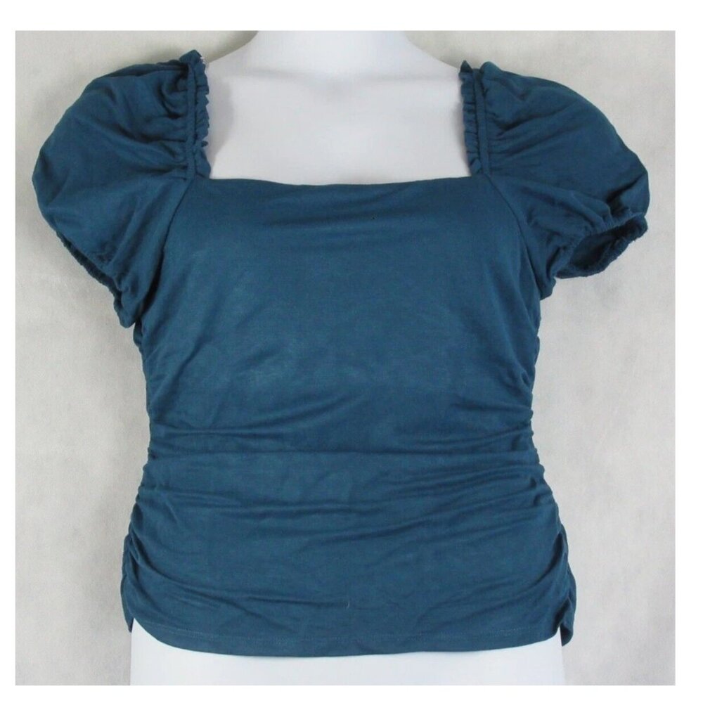 And Now This Women's Rayon Blend Short Puff Sleeve Top, Blue, Medium
